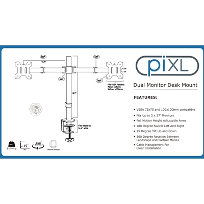 piXL Desk-Mounted Fully-Adjustable Dual Monitor Arm for Screens Up To 27 inch with VESA Mount & Built-In Cable Management image 3