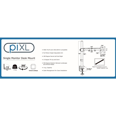 piXL Desk-Mounted Fully-Adjustable Single Monitor Arm for Screens up to 32 inch with VESA Mount & Built-In Cable Management image 3