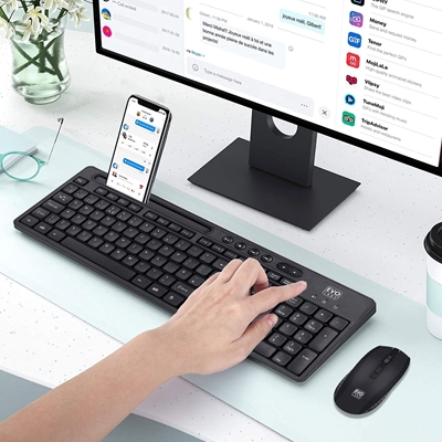 Evo Labs WM-757UK Wireless Keyboard and Mouse Combo Set, With Integrated Tablet/ Mobile/ Smartphone Stand, 2.4GHz Full Size Qwerty UK Layout Keyboard with Wireless Mouse, Ideal for Home/Office, Black image 5