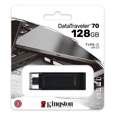 Kingston DT70/128GB DataTraveler 128GB USB Flash Drive, USB 3.2,  USB-C, Gen1, 80MB/s, Cap Design, Black, Retail. image 3