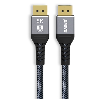 Prevo DP14-2M DisplayPort Cable, DisplayPort 1.4 (M) to DisplayPort 1.4 (M), 2m, Black & Grey, Supports Displays up to 8K@60Hz, Robust Braided Cable, Gold-Plated Connectors, Superior Design & Performance, Retail Box Packaging image 2