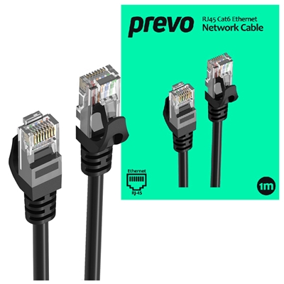 Prevo CAT6-BLK-1M Network Cable, RJ45 (M) to RJ45 (M), CAT6, 1m, Black, Oxygen Free Copper Core, Sturdy PVC Outer Sleeve & Clip Protector, Retail Box Packaging image 2