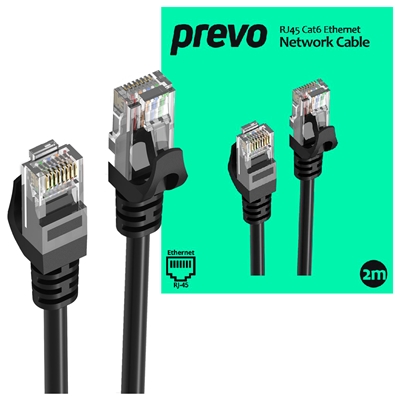 Prevo CAT6-BLK-2M Network Cable, RJ45 (M) to RJ45 (M), CAT6, 2m, Black, Oxygen Free Copper Core, Sturdy PVC Outer Sleeve & Clip Protector, Retail Box Packaging image 2