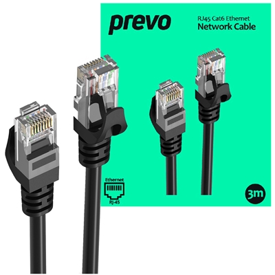 Prevo CAT6-BLK-3M Network Cable, RJ45 (M) to RJ45 (M), CAT6, 3m, Black, Oxygen Free Copper Core, Sturdy PVC Outer Sleeve & Clip Protector, Retail Box Packaging image 2