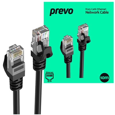 Prevo CAT6-BLK-10M Network Cable, RJ45 (M) to RJ45 (M), CAT6, 10m, Black, Oxygen Free Copper Core, Sturdy PVC Outer Sleeve & Clip Protector, Retail Box Packaging image 2