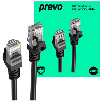 Prevo CAT6-BLK-20M Network Cable, RJ45 (M) to RJ45 (M), CAT6, 20m, Black, Oxygen Free Copper Core, Sturdy PVC Outer Sleeve & Clip Protector, Retail Box Packaging image 2