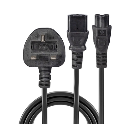 Lindy 30374 2.5m UK 3 Pin Plug To IEC C13 (Kettle) & IEC C5 (Clover) 10 Amp Mains Splitter Extension Cable - Black image 2
