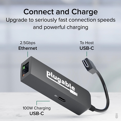 Plugable USBC-E2500PD USB-C to 2.5GbE Gigabit Ethernet Adapter with USB-C PD Charging image 2
