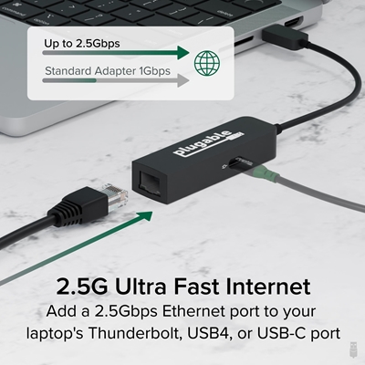 Plugable USBC-E2500PD USB-C to 2.5GbE Gigabit Ethernet Adapter with USB-C PD Charging image 3