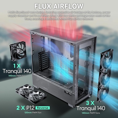 Antec Flux PRO Full Tower PC Case with Tempered Glass, Black/Wood, 6 Pre-Installed Fans, USB Type-C, E-ATX/ATX/mATX/mITX Compatibility image 5