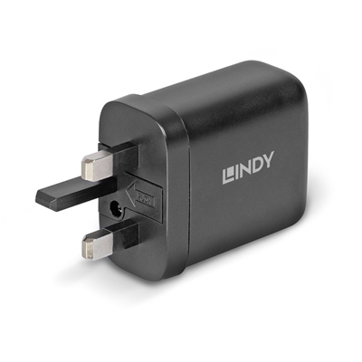 Lindy 65W USB 2 x Type C Charger, Input UK Plug, Output 2 x USB Type C Female, Black image 2