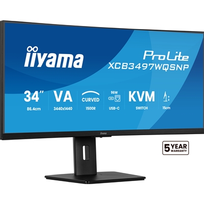 iiyama ProLite Curved Monitor XCB3497WQSNP-B1 34" VA Ultra-Wide Screen with KVM Switch, LAN, USB-C Dock, 0.4ms, 120Hz, HDMI, DisplayPort, Speakers, Height Adjustment image 3