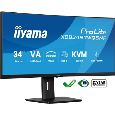 iiyama ProLite Curved Monitor XCB3497WQSNP-B1 34" VA Ultra-Wide Screen with KVM Switch, LAN, USB-C Dock, 0.4ms, 120Hz, HDMI, DisplayPort, Speakers, Height Adjustment image 4