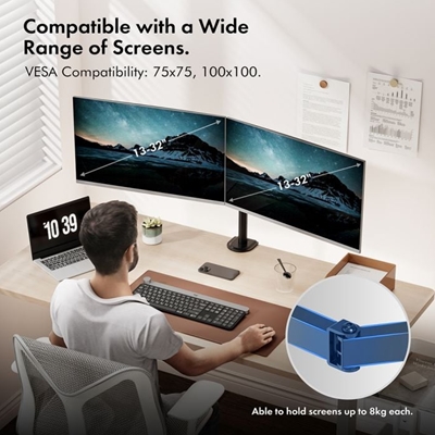 VonHaus Dual Monitor Stand for 13-32 Inch Screens, Twin Monitor Mount with Desk Clamp, Height Adjustable, Easy Assemble Stand with Full Tilt, Rotation & Swivel Arms, VESA 75x75 & 100x100mm image 3