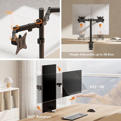 VonHaus Dual Monitor Stand for 13-32 Inch Screens, Twin Monitor Mount with Desk Clamp, Height Adjustable, Easy Assemble Stand with Full Tilt, Rotation & Swivel Arms, VESA 75x75 & 100x100mm image 4