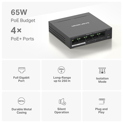 Mercusys MS105GP 5-Port Gigabit Desktop Switch with  4-Port PoE+ image 4