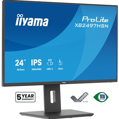 iiyama XB2497HSN-B1 24" IPS LCD USB-C Dock Display with 65W Charging, 4ms (1ms MPRT, Full HD 1920x1080, 350 cd/m2 Brightness, RJ45, 1x HDMI,1 x DisplayPort In, 1 x DP-OUT(MST), USB Hub 2x USB 3.0 + 2x USB-C (7.5W), 2W Speakers, Height Adjustable Stand, TU image 2