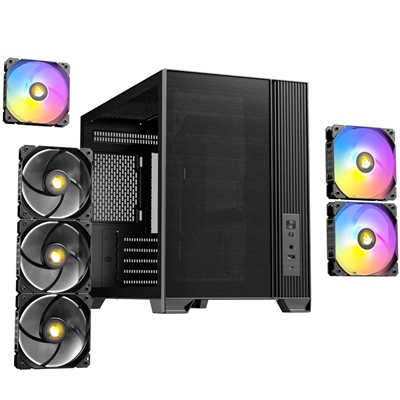Antec FLUX M Mini Tower Gaming Case, 1 x USB Type-C / 1 x USB 3.0, Tempered Glass Side Window Panel, Vertical Airflow Design, 3 x Pre-Installed RGB LED Fans & 3 PWM Reverse Fans, Micro-ATX, ITX Compatible