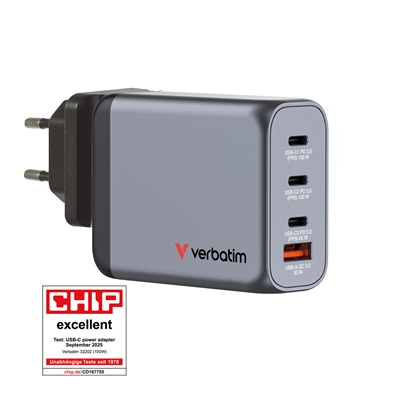 Verbatim (32202) GNC-100 GaN Charger 100W with 2 x USB-C PD 100W / 1 x USB-C PD 65W / 1 x USB-A QC 3.0 (EU/UK/US)